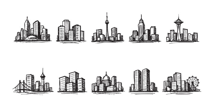 Collection of vector hand-drawn black and white city skyline illustrations. Ideal for travel brochures, urban development reports, or architectural presentations. Minimalist and artistic design.