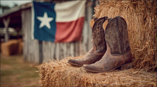 Cowboy boots placed on hay with a Texas flag in the background at a rural location during daylight