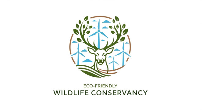 Deer head with antlers as trees surrounded by wind turbines and rolling hills representing eco-friendly wildlife conservancy and renewable en