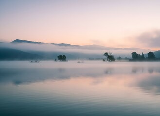 Fototapeta premium Misty Morning Lake, Serene Landscape