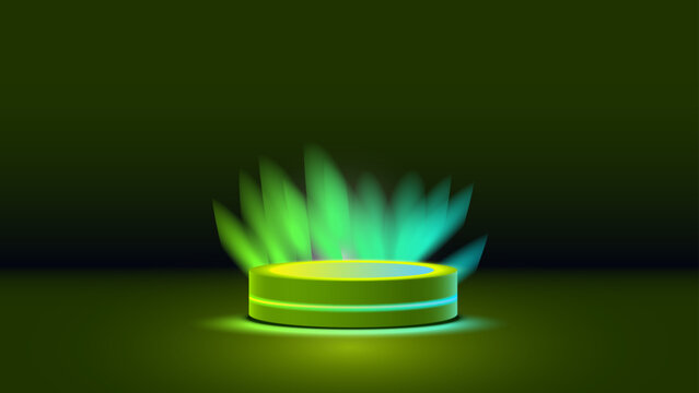 Green futuristic neon podium with glowing light rays on dark background for product presentation