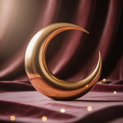 Majestic 3D Gold Crescent Moon With Velvet Background and Soft Spotlight &ndash; Elite Ramadan Branding Concept