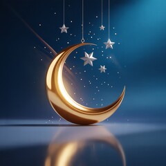 Luxury Golden Crescent Moon Floating in Deep Blue Night Sky &ndash; Elegant Islamic and Ramadan Concept Background