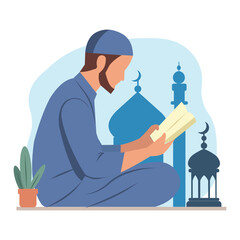 Muslim Man in Blue Robe Reading Quran Sitting Peacefully with Mosque Background