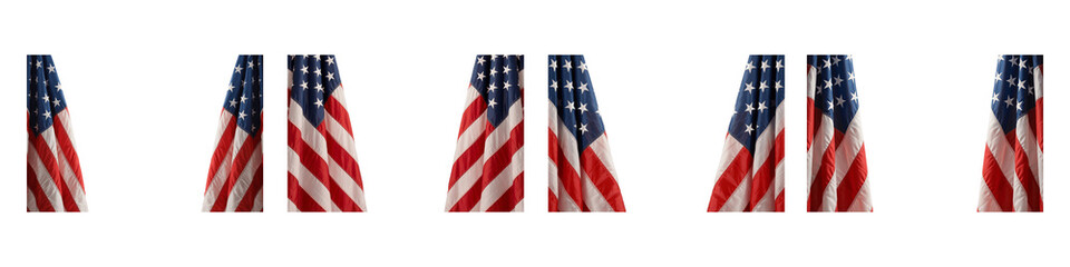 Collection for American flags in a row on white isolated on transparent background