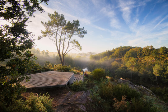 Plateforme d'observation en bois qui culmine au dessus d'une for&ecirc;t brumeuse. Le Vallon de la chambre au loup en Bretagne dans la for&ecirc;t de Broc&eacute;liande, deparetement d'ille et Vilaine