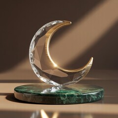 Floating Crystal and Gold Crescent Moon With Marble Base &ndash; High-End Middle Eastern Ramadan Visual