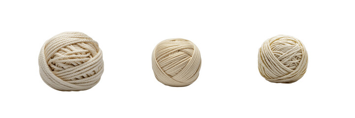 Collection for Three beige yarn balls on white isolated on transparent background
