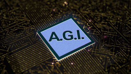 AGI chip Artificial general intelligence motherboard hardware in a printed circuit 3D render