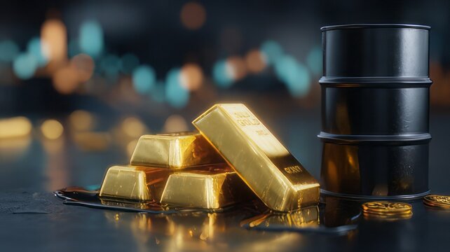Piles of gleaming gold bullion bars rest near a dark oil barrel symbolizing global commodity trading and financial markets stability