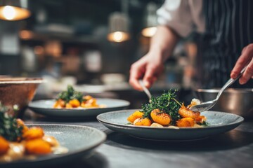 Naklejka premium Skilled chef arranges golden vegetables and fresh herbs on elegant plates in a lively kitchen, embracing culinary creativity and passion