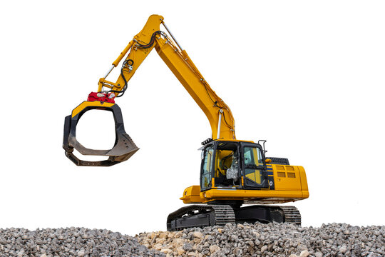 Bagger auf einer Baustelle isoliert als Freisteller &uuml;ber transparentem Hintergrund
