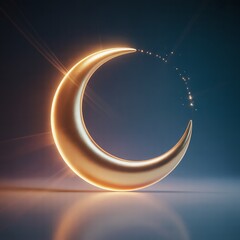 Elegant 3D Floating Crescent Moon With Soft Golden Glow on Deep Blue Background &ndash; Luxury Ramadan Concept