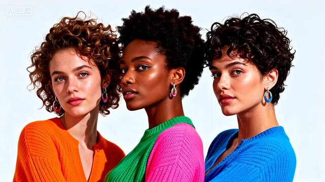 Three women in colorful knitwear