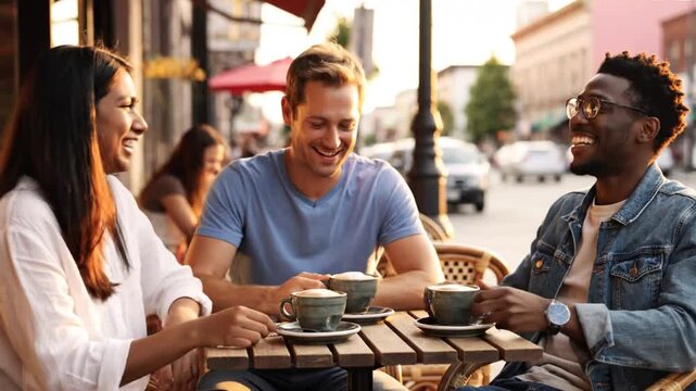 Diverse friends laugh sharing coffee at outdoor cafe during golden hour