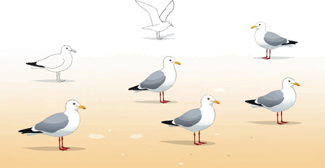 Six seagulls stand on a sandy beach with one sketched bird flying