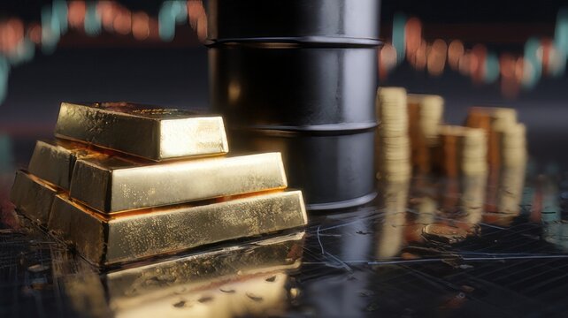 Stacked gleaming gold bullion bars sit near an oil barrel and blurry stacked coins against a background of financial market candlesticks
