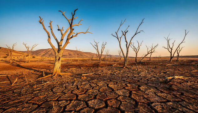Arid Landscape: Cracked Earth and Barren Trees Under a Clear Blue Sky, Illustrating Drought, Desertification, and the Impact of Climate Change in Nature