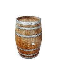 Classic oak wooden barrel with metal hoops isolated on transparent background. Vintage winemaking tun or whiskey keg for cellar storage, brewery equipment, and rustic beverage production concepts