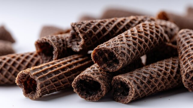 A pile of dark chocolate covered wafer cereal is displayed on a white surface with packaging in the background showcasing its branding