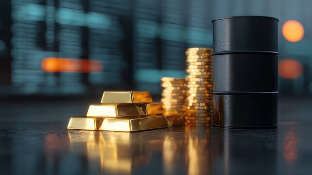 Illustrating the tangible assets driving global finance including physical gold bars stacked coins and dark industrial oil barrels in a moody setting