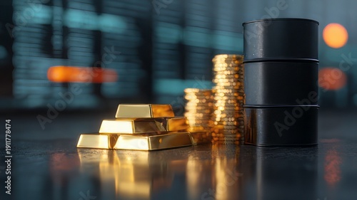 Reference: Illustrating the tangible assets driving global finance including physical gold bars stacked coins and dark industrial oil barrels in a moody setting