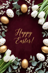 Happy Easter text and frame of golden eggs, white tulips on red background. Greeting vertical card or banner for spring Easter day, a Christian holiday.