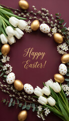 Happy Easter text and frame of golden eggs, white tulips on red background. Greeting vertical card or banner for spring Easter day, a Christian holiday.