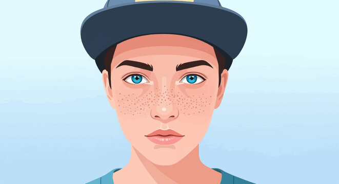 Portrait of a youth wearing a blue cap and shirt with freckled face and blue eyes
