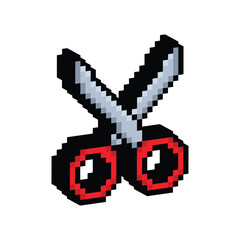 3D isometric pixel art scissors 8 bit vector icon for computer game, logo