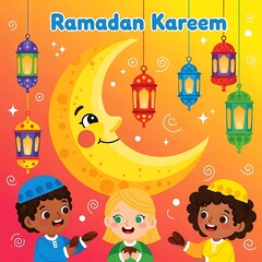Naklejka premium Happy children celebrating Ramadan Kareem with colorful lanterns and crescent moon illustration