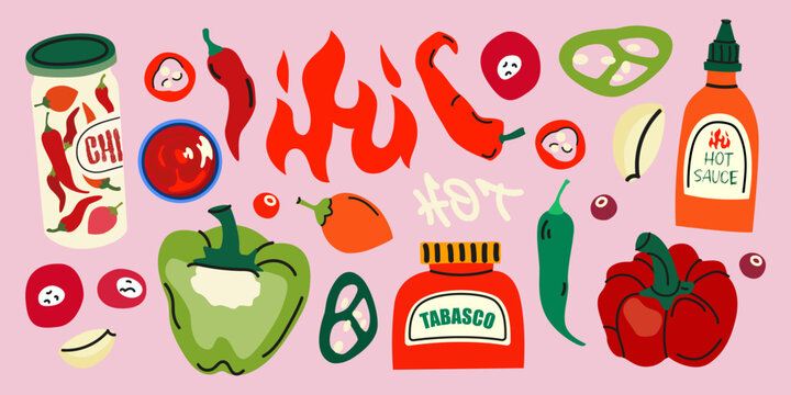 Spicy food and vegetables set elements in retro cartoon style. Fresh healthy vegetables, bell peppers, chili peppers, hot sauce, garlic. Vector tasty food stickers collection