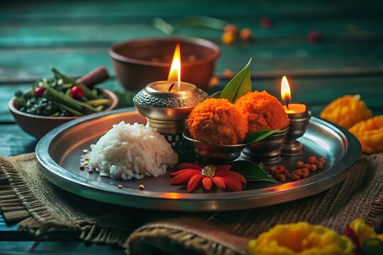 Sacred Hindu Pooja Thali with Diya and Traditional Offerings