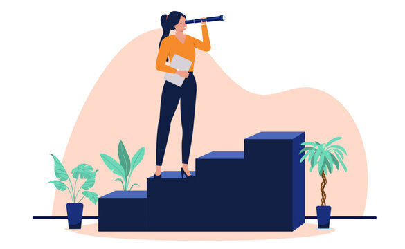 Confident businesswoman standing on a career ladder steps holding a laptop and looking through a telescope for new opportunities or future goals, flat design vector illustration