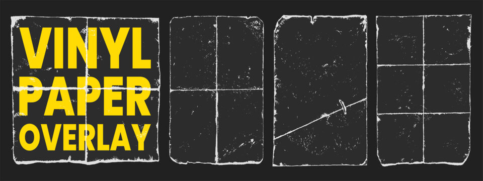 Old folded sheet textures with vinyl paper overlay. Creased paper surface and worn corners. Rough overlay elements for design mockups.