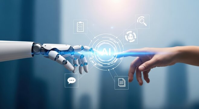 AI streamlines business processes connecting a white robot's hand with a human hand, visualizing optimized digital workflows