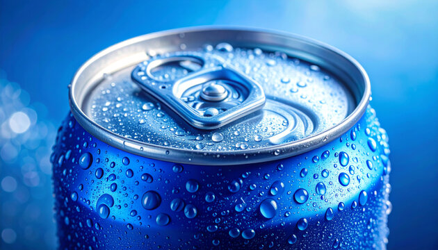 Close-up of cold aluminum soda can with intense condensation ice cold drink