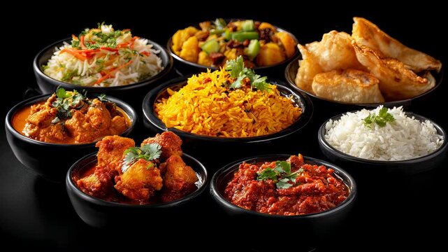 Assorted indian food platter on black background, colorful traditional dishes top view with copy space