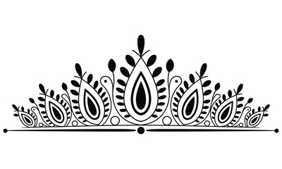 Elegant black and white illustration of a tiara adorned with intricate designs and floral elements on a plain white background symbolizing luxury and royalty in a simple yet sophisticated manner. © StockMint