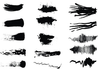 Vector set of black grunge ink splashes and dirty paint brush strokes forming a textured artistic design element