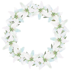 Fototapeta premium Watercolor wreath of white lilies with green leaves, delicate floral frame isolated on black background, hand painted botanical illustration for wedding invitations, Easter decor and greeting cards