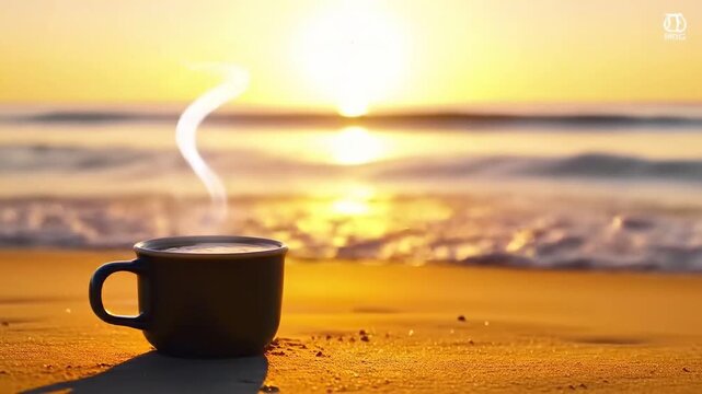 Peaceful sunrise at the beach with a steaming coffee cup on golden sand, seamless 4K looping video animation.