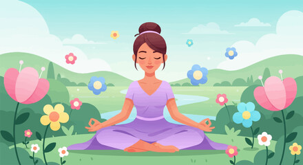 Serene woman meditating in a colorful, blooming meadow under a gentle sky
