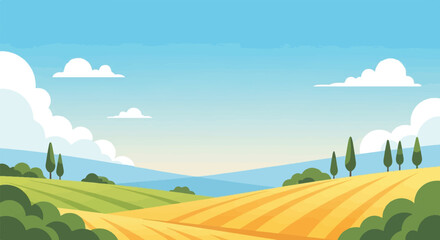 Obraz premium Rolling hills under a bright sky with fluffy clouds and sunlit fields