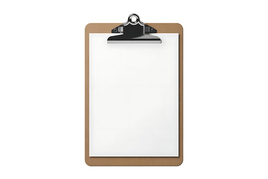 Brown clipboard with blank white paper and metal clip