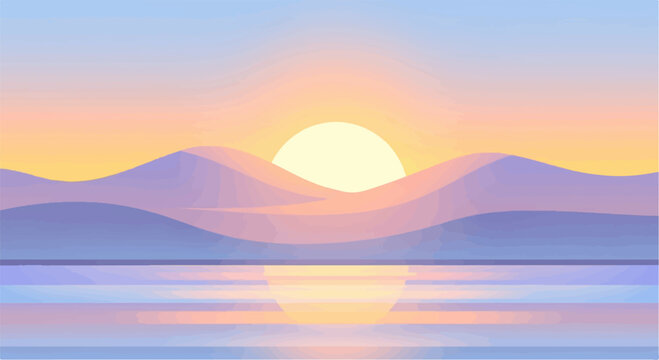 Soft pastel sunrise over rolling hills and calm water with reflection