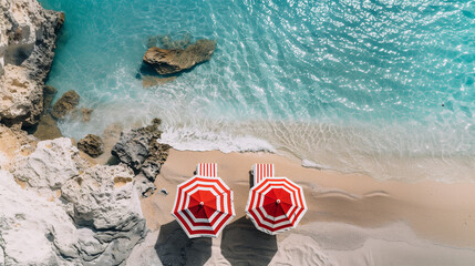 Obraz premium Top view of a beach with red and white striped lounge chairs by the sea, under a clear blue sky, in a relaxing summer atmosphere filled with sunshine and tranquility.