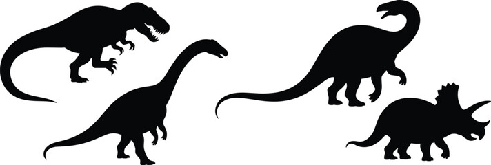 Four black dinosaur silhouettes including Tyrannosaurus rex, Sauropod, and Triceratops, isolated on white background, perfect for prehistoric, educational, decorative, and design projects. © MSTNASRIN