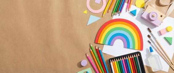 Creative art supplies for kids home studio crafting materials colorful environment top-down view encouraging imagination and creativity