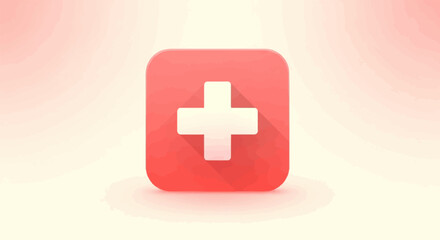 Fototapeta premium Red and white plus sign inside a rounded square, casting a shadow